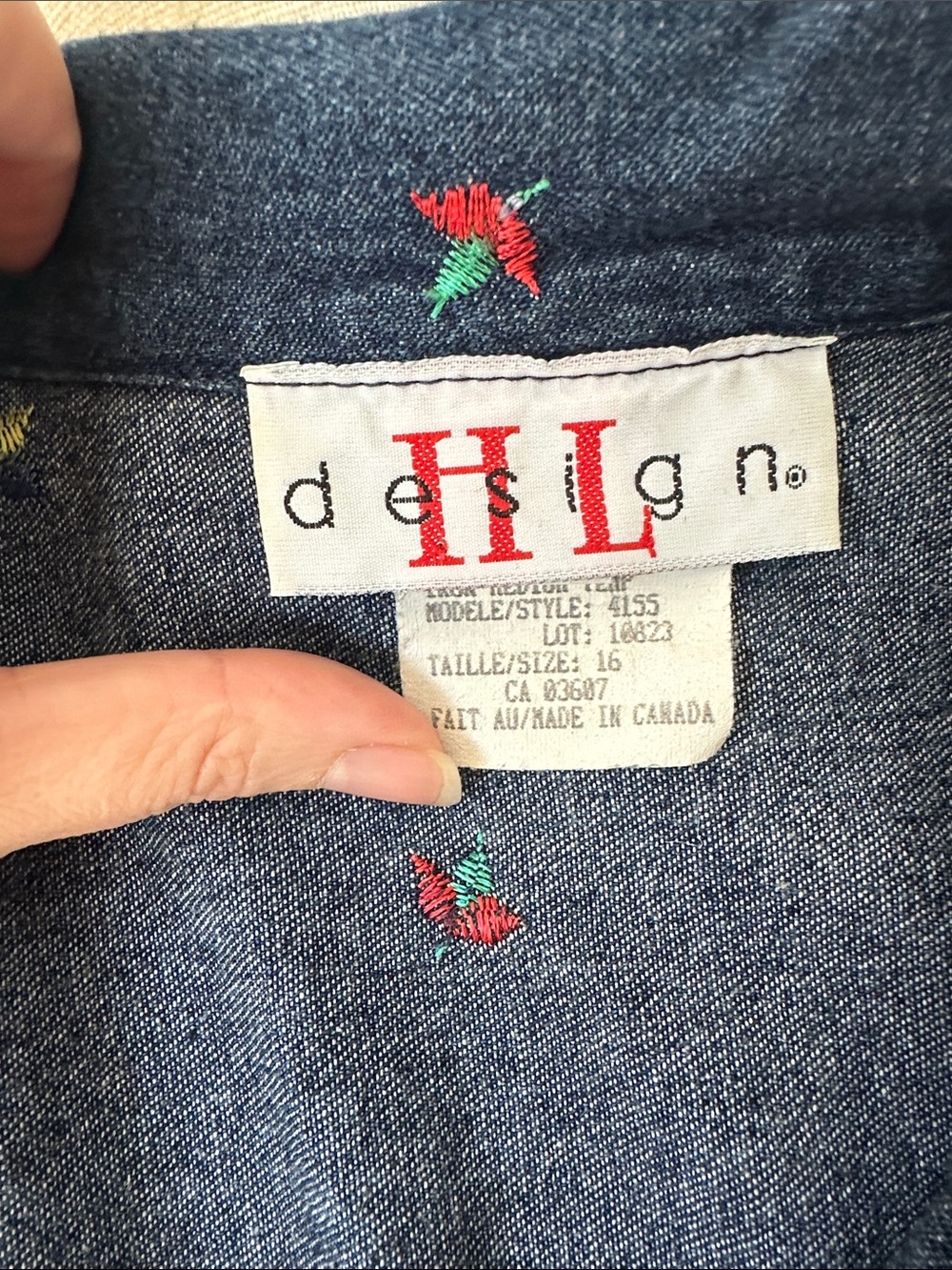 VINTAGE 90s Denim Navy Blue Embroidered Maxi Jean Dress Button Front Size 16 - Picture 11 of 14